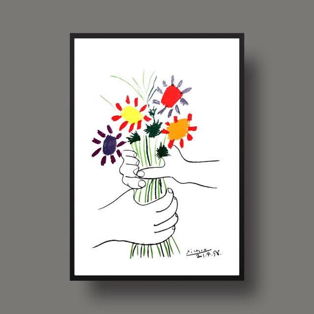 パブロ・ピカソ花Pablo Picasso束を持つ手ア 額縁付 刻印-