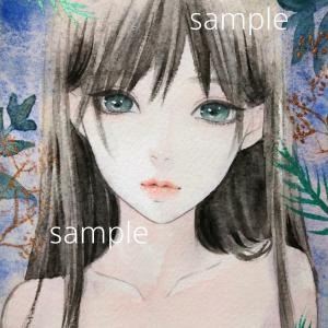 絵画 手描きイラスト 美人画 水彩画 原画 浴衣 眼鏡 紫陽花 - www