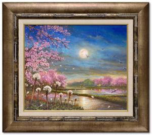 巨匠 大友一美 新作 油絵 春 桜 風景画 夜景 月夜 田園 満月 絵画 本物