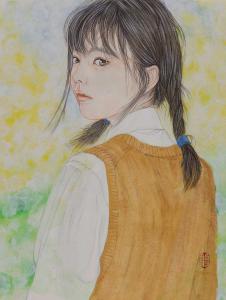 新品商品女流日本画家　小出佳織　最新作　「一輪の花をもつ」４号最新作 人物、菩薩