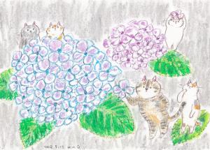 新型コロナ 猫とアジサイ　原画　手描き 絵画/タペストリ