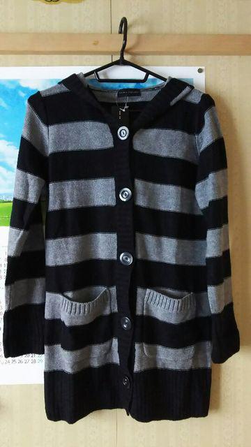 フード付カーデ☆黒×グレーのボーダー☆ニット Ｍ
