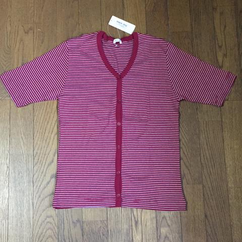 えんじ×白ボーダー Vネック半袖カーディガン 綿100% M